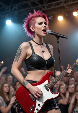 Sexy busty punk girls on rock concert, on stage, singing and playing guitar, croud