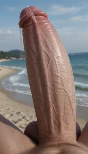 UHD 8k, ultra-detailed, close up view from below of huge veiny cock and massive balls of muscular bearded king, extreme POV closeup, cock and balls with girl's hand with red painted fingernails gripping huge cock, (massive penis:1.8), huge testicles, massive style penis, cum dripping from cock, background is ocean and sandy beach, <lora:Dramatic_penis_SDXL:.5>