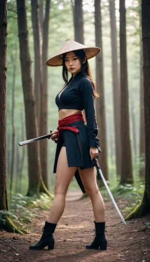 beautiful Asian girl in ninja clothes and a Vietnamese cone-shaped straw hat sneaks through the forest with a katana in her hand, the clothes are half open revealing the girl's large full breasts, half explosed breast, tits viev, plump tits, flirting eyes, long hair, leaning forward, dynamic angle, dark skin, full body viev forest, zavy-rmlght, backlight, style, hair, light, Female, Samurai, Style, <lora:female samurai style v2:.5>, yeonhwa, <lora:LoRA-girls-sdxl-v4:.5>