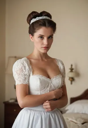 He reached and flicked on his reading light. Instead of Tiffany, it was his stepmom standing straight, staring blankly forward, with her arms comfortably folded comfortably in front of her. She appeared to be wearing the Maid outfit, but it was way too small for her. Her skirt was scandalously short, and her bodice squeezed her breasts until they were spilling out the top. Her short brown hair was pulled up into twin hair buns and a lace ribbon adorned one side.