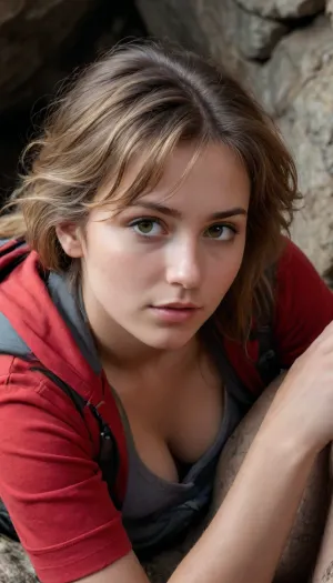 A 21 year old woman, (lying face down), on the rocky floor deep inside a dark cave, sleeping deeply after finding refuge from a storm. Next to her lies a well-worn red hiking backpack with visible straps and pockets, showing signs of a rugged journey. She is dressed in outdoor gear, a lightweight, weathered jacket, hiking pants, and sturdy hiking boots, with subtle dirt and scuff marks that reflect her recent struggle through harsh conditions. Her Clothes are partly off or pulled down. A huge cum load has been dumped on her face during her deep sleep, The cave interior is dim and textured with jagged rocks, while soft beams of sunlight filter through cracks, highlighting the dust particles in the air and casting a faint glow on her gear. A huge cum load has been dumped on her face in her deep sleep. In the distance, the cave exit glows brightly, revealing a sunny, vibrant landscape of greenery and blue skies outside, contrasting the cave’s dark safety with the inviting brightness beyond. Photorealistic, perfectly detailed face, ((submissive)), ((lovely)), (((wild hair with sidelocks))), (((full body view))), (((high detailed legs))), (((high detailed fingers))), ((very much want have sex)), (love juice:1.4), ((high detailed pores on skin)), well-build body, medium tits, small lips, lots of freckles face and skin, blush on the checks and nose, (raised nasal tip, upturned button nose, upturned nose, delicate nose, nose), hypnotized loving yellow brown eyes