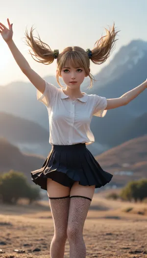masterpiece, best quality, 1girl, shirt, blonde hair, twintails, fishnet thighhighs, dof, flying through the sky, backlighting, pleated skirt, wind lift, dynamic pose, <lora:marie_rose2-000008:.2>