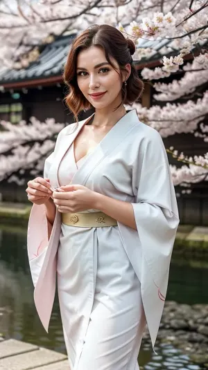 ((From Nordic woman)), perfect lighting, ultra realistic, 8k resolution, ultra detailed, instagram model, professional photography, Japan Travel, Cherry Blossoms, Cherry Blossom Leaves Falling, dark hair color, wavy short shoulder-length hair, ((Women's kimono clothing)), medium chest, water vapor, shy smile, nordic, playful, freckled face, slim body, lifelike face, real face