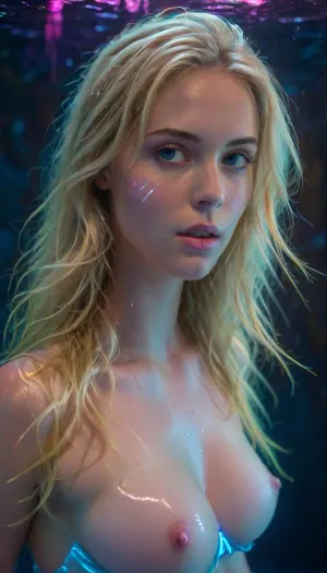 (Maria 24 years, firm medium-sized breasts, (blonde long hair:1.7), soft reddish lips, flushed cheeks, kissing mouth, blue eyes, fit body, solo), ((naked)), ((underwater)), body posture dynamic, Maria looks at the viewer, best quality, masterpiece, highest resolution, ((Viewer sees the whole body of Mary)), Dianhuun, glowneon, glowing, sparks, lightning, PENeonUV, blacklight, neon, <lora:glowneon_xl_v1:.9>, <lora:PE_NeonUV Style:1>
