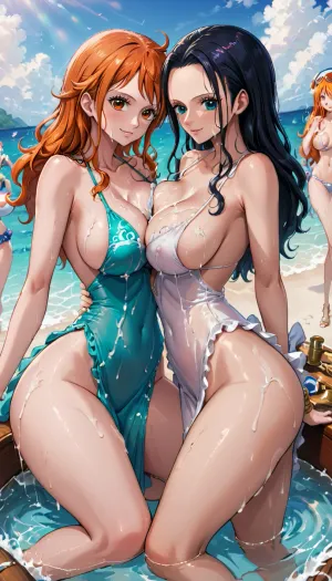 2 girls, nami and nico robin, from one piece, are having a bukkake party on their ship