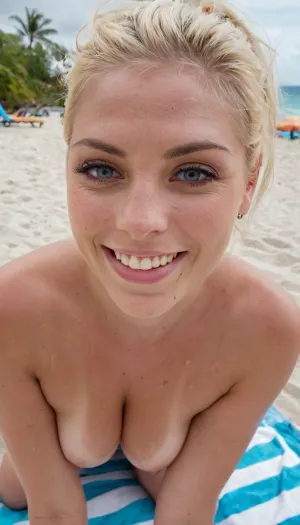 Candid photo, extreme realism, attractive 22 year old blonde girl, fit thick, nude, on a beach towel, beach resort mexico, scenic ocean view, realistic detailed face, realistic detailed eyes, detailed tan skin, flirty naughty smile