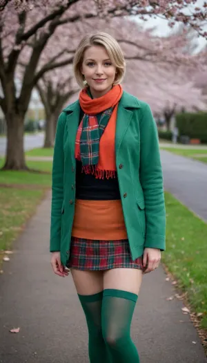 masterpiece, best quality, newest, hdr, dark, night, outdoors, cherry blossoms, ashgrahamley, blonde hair, short hair, green eyes, red scarf, orange jacket, orange sweater, green skirt, plaid skirt, black pantyhose, looking at viewer, beckoning, smile, blush, closed mouth