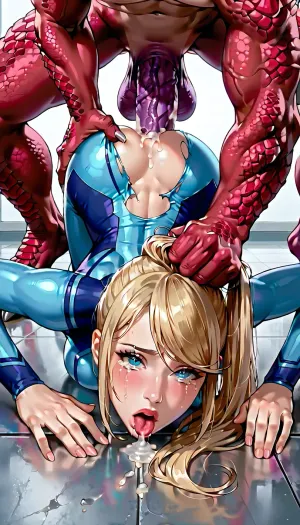 beauty, samus, (realistic:.6), (samus aran:1.1), (wearing sexy blue sci fi zero suit body suit), (big blue eyes:1), (torn body suit:.9), exposing breasts, (she is pressed to the ground, her head to the ground and her ass up in the air:1.5), a giant dragon fucks her from behind, giant dragon, (Ridley), with a, (massive purple penis:1.1), fucks her asshole, huge testicles, the dragon is twice as big as the girl, in an space station, kneeling, she is on her hands and knees facing the viewer, head down and ass up, the huge penis hangs next to her face and the dragon stands above her, hand on head and, ((grabbing hair:1.2)), ahegao, drooling, (mouth wide open), screaming, full length body, wide view, she is sad, surprised, crying, tears run down cheeks, very large round tits, (exposed tits:1), precum, cum, (pov from the side:1.2), spit roast, sucking a cock, <lora:add-detail-xl:.3>