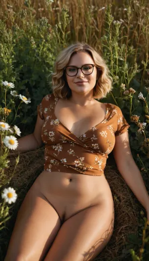 View from above. Young woman, dirty blonde hair styled in a bob, Seamless tanned 35 years old girl, dirty blonde hair, (wavy), short hair, rectangular glasses with black rim. Slightly chubby. Large natural breasts. Naked. Natural pubic hair. Lying naked in a field. Legs spreading wide. Masturbating ger dripping wet pussy. A cloth spread out under her in shades of rust, terracotta, and deep brown. The floral pattern features a variety of blossoms and leaves, in varying sizes and tones. The fabric of the cloth appears smooth and slightly textured, like a silk or rayon. The model is smiling gently, expressing a pleasant, friendly mood. Her posture is confident and relaxed. Outdoor setting in a field with light green foliage and wildflowers. Soft natural light. Warm, earthy tones Vintage or retro style, bohemian flair. Gentle golden hour light, warm inviting atmosphere. Full-body shot, with the camera positioned above subject.