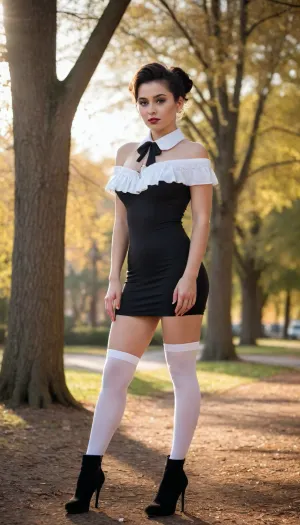 she, black updo haircut, black pencil mini dress with big cleavage and with a white collar, white stockings, short black heels boots, standing in sexy pose, front view, legs on the ground, view from side and below, spreading legs, lots of cum dripping from pussy, jewelry, sunny day, Golden hour sunlight filters through nearby trees, creating dramatic shadows and highlighting her fair skin, looking to viewer