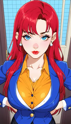 1girl, in a office, long hair, view from above, tight secretary costume, big cleavage, fake tits, (negative_v2, Color_Balance_Calibration:.8), style, knightfang, <lora:cartoon_stickers_xl_v1:.8>, <lora:EnvyStylizedXL01:1.2>