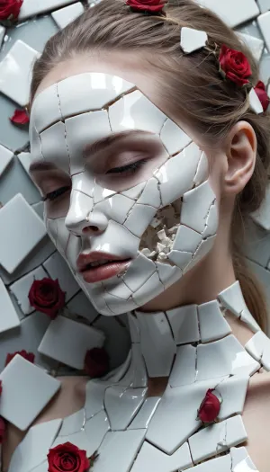 Death of a beautiful humanoid female, close up of a broken android, digital art, cracked porcelain face, futuristic look, captivating, close-up, skull, fragile, emotional, shatter into fragments, shattered glass, shattered pieces of a woman body, made of porcelain, broken, destroyed, abstract patterns, tile art, roses, portrait photography, cinematic, white and light gray, shallow depth of field