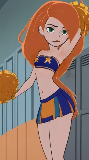 best quality, 1girl, nsfw, Kim possible, long orange hair, cheerleader outfit, small crip top pulled up to show perky breasts, short skirt, no panties, pom poms, bedroom background, looking at viewer, evil grin, arms up, corneo_x_pasties, corneo_power