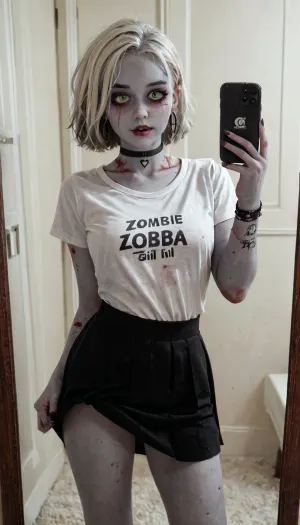 Un selfie en realidad alternativa: un momento de espejo de cosplay zombi de 21 años