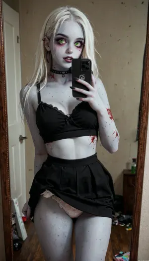 score_9, score_8_up, score_7_up, score_6_up, 1girl, 21 years, zombie cosplay, (zombie girl:1.5), white hair, green eyes, freckles, iphone, mirror, selfie, holding, alt fashion, iPhone, alternative fashion, piercing, choker, long eyelashes, arrows on the eyes, cosmetics, mascara, short skirt, skirt lift, lift with one hand lifts the skirt, skirtlift, <lora:iphone_mirror_selfie_v01b:1>, <lora:alt_fashion_v2:1>, <lora:skirtlift_xl:.5>