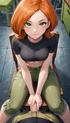 Kim possible, long orange hair covering one eye, smiling, crop top black shirt, olive green cargo pants, showing Bare feet, pov from ground looking up, sitting on chair looking down at viewer