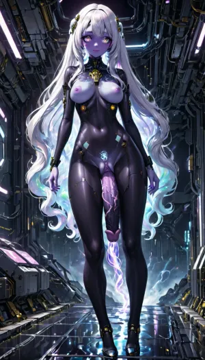 Ethereal white hair, futuristic porcelain skin, fully body nude, giant clitoris, giant penis, mutated giant vagina
