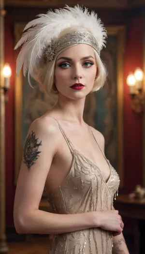 score_9, score_8_up, score_7_up, extraordinarily beautiful, platinum blonde, modern girl with tattoos dressing vintage, 1920s style clothing, imaginatively 20's stylized dress, hat with feathers magical, alluring, sultry, full-length, female-body, hazel-eyes, eye catching, bright, Magical beautiful background fantasy backdrop, perfect face and eyes, hyper-detailed hypermaximalist, gothicnr
