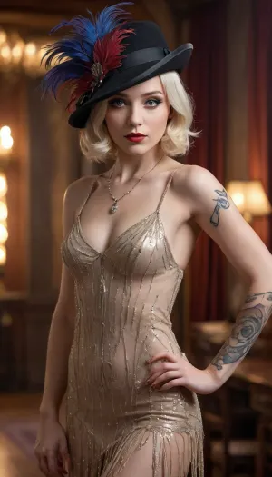 score_9, score_8_up, score_7_up, extraordinarily beautiful, platinum blonde, modern girl with tattoos dressing vintage, 1920s style clothing, imaginatively 20's stylized dress, hat with feathers magical, alluring, sultry, full-length, female-body, hazel-eyes, eye catching, bright, Magical beautiful background fantasy backdrop, perfect face and eyes, hyper-detailed hypermaximalist, gothicnr