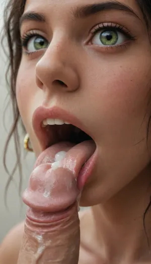 Midjourney, (Side view), (Macro photo), (close up), (african american), (detailed eye), (detailed iris), (detailed pupil), (detailed sciera), (detailed nose), (detailed mouth), (open mouth), (extended tongue), (detailed tongue), (curved tongue), (wet mouth), (penis), (spray of cum), (penis on tongue), (frenulum on tongue)