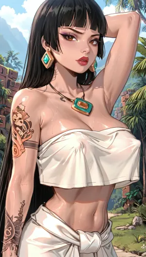 (Chel from Road To El Dorado), emo, giant breasts, covered erect nipples, (filled with tattoos), posing, ratatatat74, <lora:cartoon_stickers_xl_v1:.8>, <lora:ratatatat74-000050:1.3>