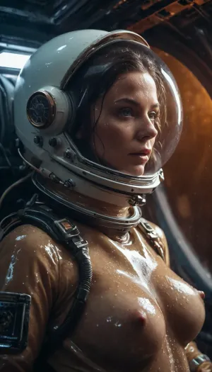 sexy nude female astronaut in space craft, wet hair, wet skin, steam, alien monster, horror, fog, flickering light