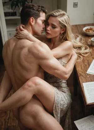 score_9, score_8_up, score_7_up, score_6_up, 1girl, blond hair, 20 years old, normal body, normal face, sex on table, legs hug a man, orgasm, view from above, man covers a woman
