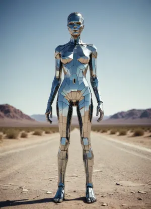 A towering female attractive humanoid figure made entirely of broken mirrors, standing in the desert, reflecting fragments of distant memories and realities., <lora:add-detail-xl:.5>, <lora:MJ52_v2.0:.5>, film, photography, style, light, grain, medium, heavy, <lora:SDXL_FILM_PHOTOGRAPHY_STYLE_V1:.5>