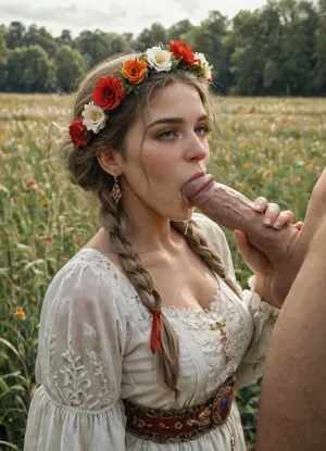 score_9, score_8_up, score_7_up, score_6_up, A traditional Slavic dress with intricate embroidery in red, white, and gold patterns. The outfit includes a long, flowing skirt, a richly decorated blouse with wide sleeves, and a woven belt with geometric designs. The dress is adorned with fine details, such as lace and beadwork. She is wearing a flower crown made of wildflowers and ribbons flowing down her back. The style reflects ancient Slavic culture, with natural materials and bright, vibrant colors, 1girl, 1man, Slavic, blonde, lush hair, curvy braids, beatiful face, blush on the face, braight gray eyes, white tradithional slavic shirt, (in an endless field of wheat), sunlight, detailed background, kinemographic environment, high resolution, blowjob, drool, (erotic:.5), <lora:TraumaZone:1>
