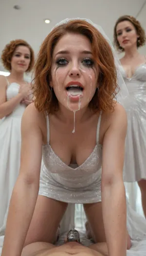 beautiful sexy slender 40 year old ginger woman, (ginger hair), (wild hair:1.3), short hair, (bride), (wedding), white dress, (satin dress:1.3), (plain dress:1.3), (solid dress:1.3), bodycon dress, (sexy fashion makeup:1.2), smudged lipstick, smudged makeup, ruined makeup, (facial:1.3), (cum on face:1.1), (mouth full of cum:1.2), bukkake, open mouth, cum dripping out from mouth, (pov hugging:1.3), (pov kissing:1.3), cum spitting, spit, (spitstring:1.3), spitting to viewer, cumstring, cumkiss, leaning down, tilted forward, bent over, (face closeup:1.3), (legs spreading wide:1.5), c size breast, (milf:1.5), (eye contact:1.5), (looking at viewer:1.3), clothed, femdom, cuckold, cuck, wife, sexwife, hotwife, slut, whore, open eyes, (under girl view:1.5), (girl on top:1.5), (below:1.5), (view from below:1.5), (low angle perspective:1.5), hands reached forward, arms spreading, white hairband, white chocker, white veil, (leaning over viewer:1.3), beautiful face, (sharp face features:1.4), snub-nose, big lips, (big eyes:1.3), high detailed eyes, teasing, wicked, grin, sperm flows down from mouth, ceiling in frame, downblouse, sly look, kneeling, (dress lifted up:1.3), mini dress, (standing on all fours above cuckold:1.4), (face close up:1.3), (wearing glide sitin white pushup bra under dress:1.4), (bra:1.3), straps, (chastity cage), (1girl:1.3), cuckold's cock is locked in chastity cage, (locked penis:1.3), pov grinding, pov riding, kiss me, pov cuckold, (gangbang:1.3), sex party, head is tilted down