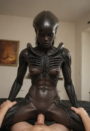 masterpiece, xeno, woman, black skin, xenomorph queen, dark-skinned female, no tail, no hair, Ridge, ((perfect woman face)), (((human face))), ((perfect human pussy)), pussy fucking, big dick, POV, human dick, fuck with man, high detail pussy, high realistic, beautiful 20yo woman face