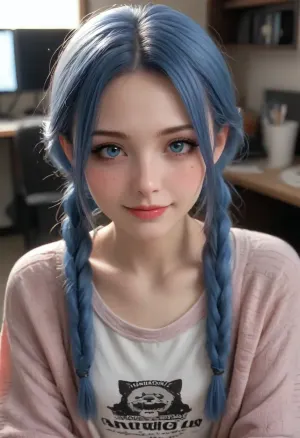 1 girl, russian young beautiful 18 years old girl, blue hair, two big braid, blue eyes, (Realism:1.5), (Small flat chest:1.4), (Freckles:1.3), (Dark makeup, eye shadow:1.4), (smile:1.3), Dressed in a oversize sweater and A pink hoop on the head s and jeans, gamer room, Gaming computer, Posing for the viewer
