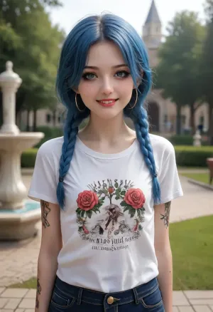 1 girl, russian young beautiful 18 years old girl, blue hair, two big braid, blue eyes, (Realism:1.5), (Small flat chest:1.4), (Freckles:1.3), (Dark makeup, eye shadow:1.4), (smile:1.3), Dressed in a oversize t-shirt and A pink hoop on the head s and jeans, park, summer, By the fountain, (tattoo:1.3), Posing for the viewer