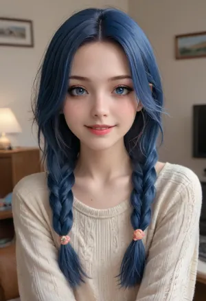 1 girl, russian young beautiful 18 years old girl, blue hair, two big braid, blue eyes, (Realism:1.5), (Small flat chest:1.4), (Freckles:1.3), (Dark makeup, eye shadow:1.4), (smile:1.3), Dressed in a oversize sweater and A pink hoop on the head s and jeans, gamer room, Gaming computer, Posing for the viewer