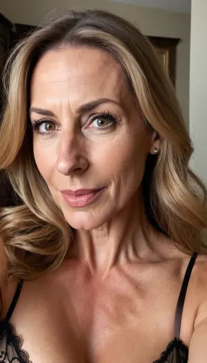 old mature, 45 years old, dark blonde, skinny, very tall, very super extreme long face, long huge nose, very pointed nose, narrow long face, big long chin, huge rounded chin, very long chin, extreme narrow face, very huge pointed nose, huge long face, sexy big mouth, naught horny smile face, looking at the camera, sexy nightie, selfie, black eyes, hand on hair charming