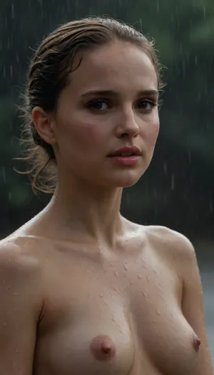 young in her twenties in the rain, naked, in the rain