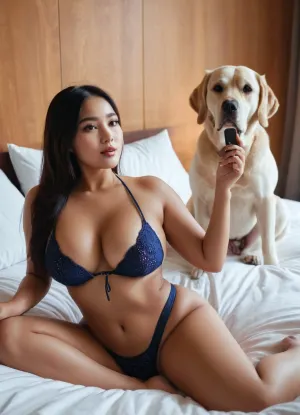 curvy body beauty asian women in hijab wear sexy bikini with big dog selfie in bed