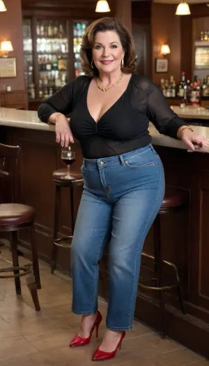 Fat old granny mature, sexy 64 years old, brunette, medium hair, super glamour, gold bracelet, big hoop earrings, necklace, curvy chubby, wide hip, thick legs, cellulite, culottes, tall, very saggy tits, gold necklace, at the bar, small tits, naughty horny flirting face, tight jeans pants, jeans pants tight, long sleeve blouse, seduction, seated, sexy feet high heels, looking at the camera, showing her shoes sexy high heels, sexy granny, perfect face, seated open legs, front view, glass of wine on hands