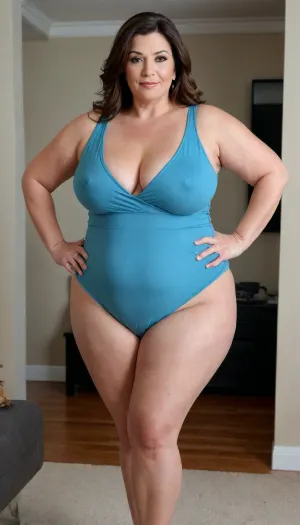 50yo woman, A fat fifty-year-old lady in wide cotton jumpsuit, milf, wide, hips, plump, FUPA, chubby cameltoe, chubby, ssbbw figure, with oversized massive thick thighs and oversized wide hips. Natural floppy breast, braless under clothes. Pokies, Fair skin, tannlines. Seductive posing. Brunette hair, hairlenght up to hips, straight hairstyle, decollete. Living room, standing, ((high quality, 4k, realistic, high detailed, insanely detailed, real, best quality, ultra-detailed, fine detail, professional photography, taken with Canon EOS 5D Mark IV DSLR, aperture f/8, shutter speed 1/250 sec, ISO 100, highres, 8k wallpaper, cinematic lighting, masterpiece, heavily upvoted)), ((masterpiece)), high detail, complex details, OverallDetail, perfect lighting, professional realistic photography, short body, leaning forward