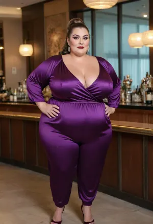60 years old bbw women, russian, with ponytail hairstyle, greying brunette hair, (oversized fat bbw:1.3), (fupa:1.3), old beauty, with oversized thick thighs. Diva makeup. In elegant satin jumpsuit, v-neck, decollete. Hoop earrings. Seductive posing. Location bar, cocktail party, soft light on the model face, cinematic. Best quality photo, 8k photo, high detail, high resolution photo.