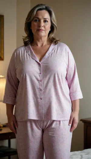 A fifty-year-old woman in light pajamas, milf, chubby, wide, hips, FUPA, standing