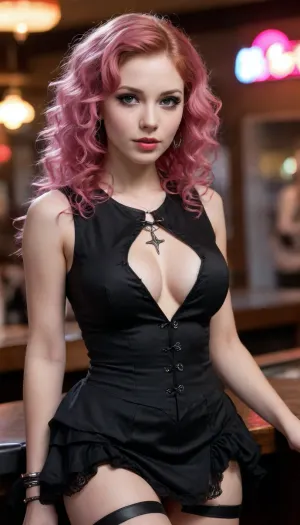 score_9, score_8_up, score_7_up, Raw Photo, Cowboy Shot, girl, cute, seductive, innocent, (light smile:.3), plump lips, slender body, hard rock idol, curly pink hair, perfect eyes, in high detailed black gothic-suit, ultra-detailed gothic-dress, sleeveless top, short wide skirt, inside a nightclub, depth of field, dynamic angle, (photo realistic:1.4), (realistic skin:1.4), fashion photography, sharp, analog film grain, (hyperdetailed:1.15)