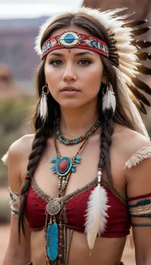 score_9, score_8_up, score_7_up, Raw Photo, Portrait, girl, native american, cute, seductive, innocent, (light smile:.3), plump lips, slender body, 20yo, adorned with traditional regalia and feathers, Canyon background, dynamic angle detailed Native American tribal dress, depth of field, dynamic angle, (photo realistic:1.4), (realistic skin:1.4), fashion photography, sharp, analog film grain, (hyperdetailed:1.15)