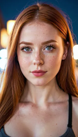 Ultra Realistic photography, portrait, at a city, low lighting, at night, 18 years old woman, standing, dynamic pose, young face, well-built body, head slightly turned right, round eyes, middle sized boobs, tight boobs, wearing a tight top, tight shorts, sneakers, round face form, innocent view, evil smile, droopy eyes, glossy eyes, eyeliner, pale skin, skin freckles, perfect makeup, red cheeks, long straight red hair, snub nose, symmetrical eyes, sharp focus, blurry background, highly detailed face, highly detailed lips, highly detailed teeth, highly detailed eyes, highly detailed iris, skin pores, skin texture, ultra high quality, vivid colors, film grain, high contrast
