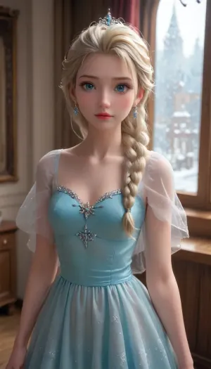 “An incredibly detailed, hyper-realistic close-up shot of Elsa showing off their flawless, sculpted figures and radiant beauty. Elsa, the elegant Snow Queen, is in a sheer dress decorated with intricate frosty patterns and crystal embellishments that shimmer in the soft glow of her icy magic. Her toned, graceful silhouette is highlighted by the perfect lighting, her cool, calm expression captivates the viewer. Elsa's platinum-blonde hair is styled in an elegant loose braid, shimmering with tiny ice crystals, and her piercing blue eyes sparkle with magical confidence as she raises one hand to conjure delicate snowflakes. swirling around her, <lora:princess_xl_v2:.5>