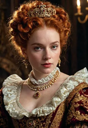 masterpiece, best quality, highly detailed, artwork, full body, young woman, queen, Elizabethan era, red hair, curled hairstyle, jeweled hair ornament, (detailed face:1.3), serious expression, (ruffled collar:1.2), dark and gold gown, (elaborate jewelry:1.1), dark background, Rembrandt lighting, professional illustration, trending on artstation, 8k uhd