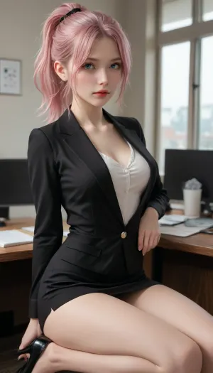 A young woman with long pink hair in a high ponytail, wearing a tailored black suit jacket, (1.4), over a completely see-through white blouse, (1.7), that exposes her chest and stomach with nothing underneath. Her breasts are very large, full, and naturally round, with their size clearly emphasized by the sheer fabric of her blouse. She is wearing a tight black pencil skirt, (1.3), which hugs her hips and thighs, and black high heels, (1.2), . She is sitting at a modern office desk, (1.1), with a confident and seductive expression on her face. The view is from the side, focusing on her curves, the transparency of her blouse, and the size and fullness of her chest. The office setting is sleek and minimalist, with large windows letting in soft, natural light, (1.6), creating shadows that emphasize her form and the sheer details of her clothing. The image is highly detailed and photorealistic, with realistic textures and clear shadows.