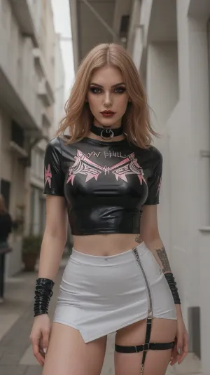 (view from below:1.3), young beautiful 20 years old egirl, looking at the camera, slender, slim, skinny, thin waist, bright egirl makeup, (youth clothing style, e-girl style, (slim graphic T-shirt with ' Whore ' on it:1.5), tight latex microskirt, choker, jewelry, bracelet on the wrist, high socks), (no panties), (highly detailed face:1.2), (with knees in view), (wide hips), (c cup breasts), (heavy eyeshadow), (knit sleeves), LatexConcept, zipper, bondage, shibari, rope, bodysuit, skin, tight, shiny, clothes, covered, navel, <lora:Concept_Latex:.5>