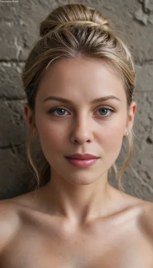 POV, (close-up:1.3), furrowed brow, looking at viewer, ((face focus)), an insanely hot curvy innocent-looking housewife against wall in slums, ((pushed back flat)), ((view in front)), ((blonde updo beehive haircut)), (((Her head is thrown back against the wall with the back of her head))), ((full-face view))