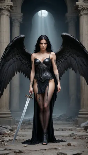 A beautiful angel With large, shiny black wings emerges from the darkness. Piercing sexy look.Wars with big members are standing nearby. Walks over the corpses of vampires.Walking through the ruins of the castle Shiny body, There are corpses of succubs lying around. large breasts, long black silk hair. The body is covered with tattoos.Lightweight, translucent tunic on the shoulders. Torn black stockings on the legs. A large sword in her hands. The light falls on the angel like a pillar from above. Good quality. High detail.